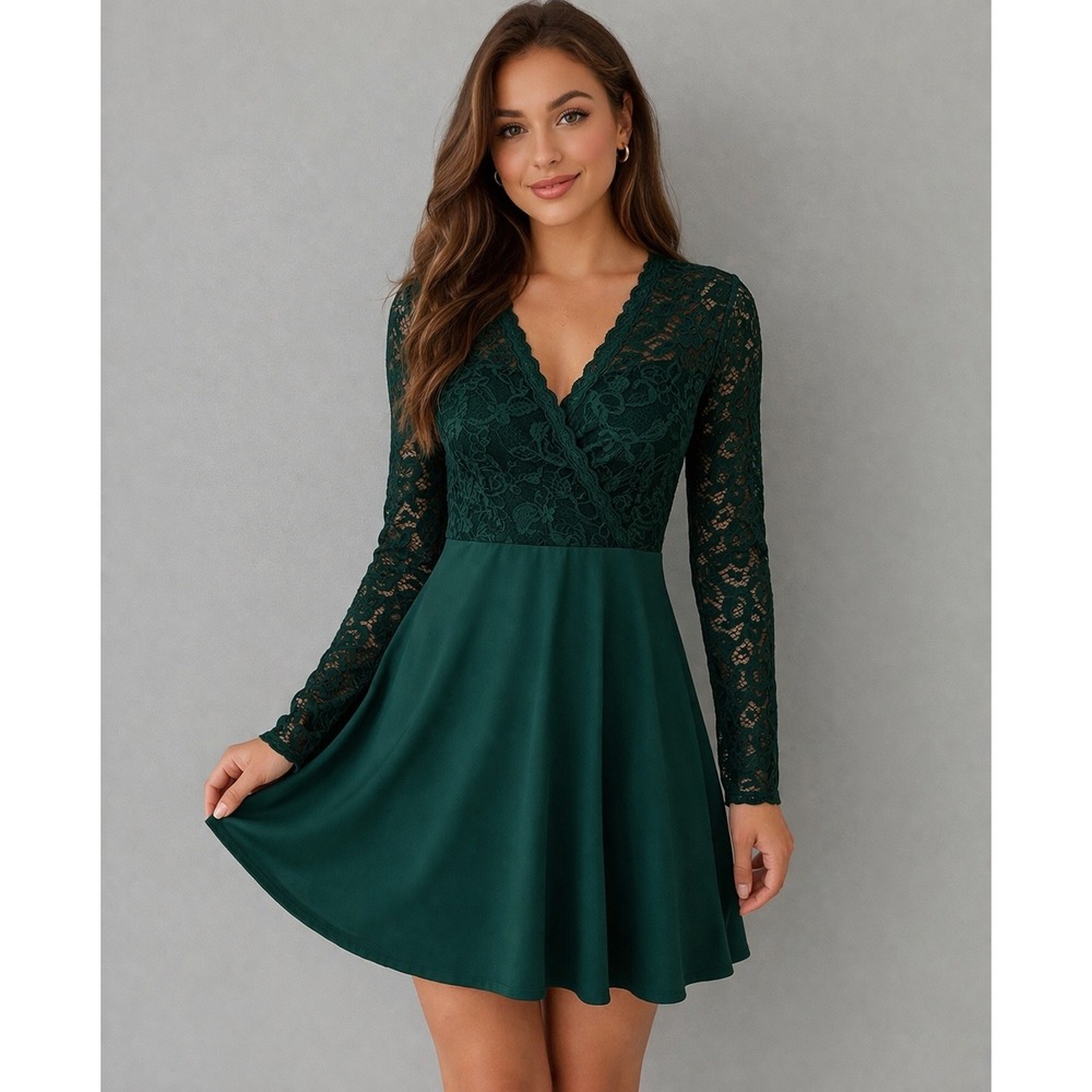 Green Lace Fit Flare Dress Women XS Long Lace Sleeve